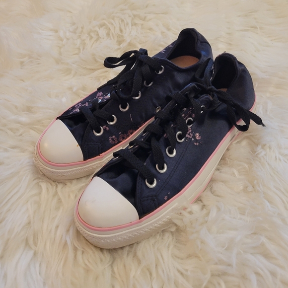 Converse All Stars Pink Floral & Black Satin Sneakers - Picture 2 of 7